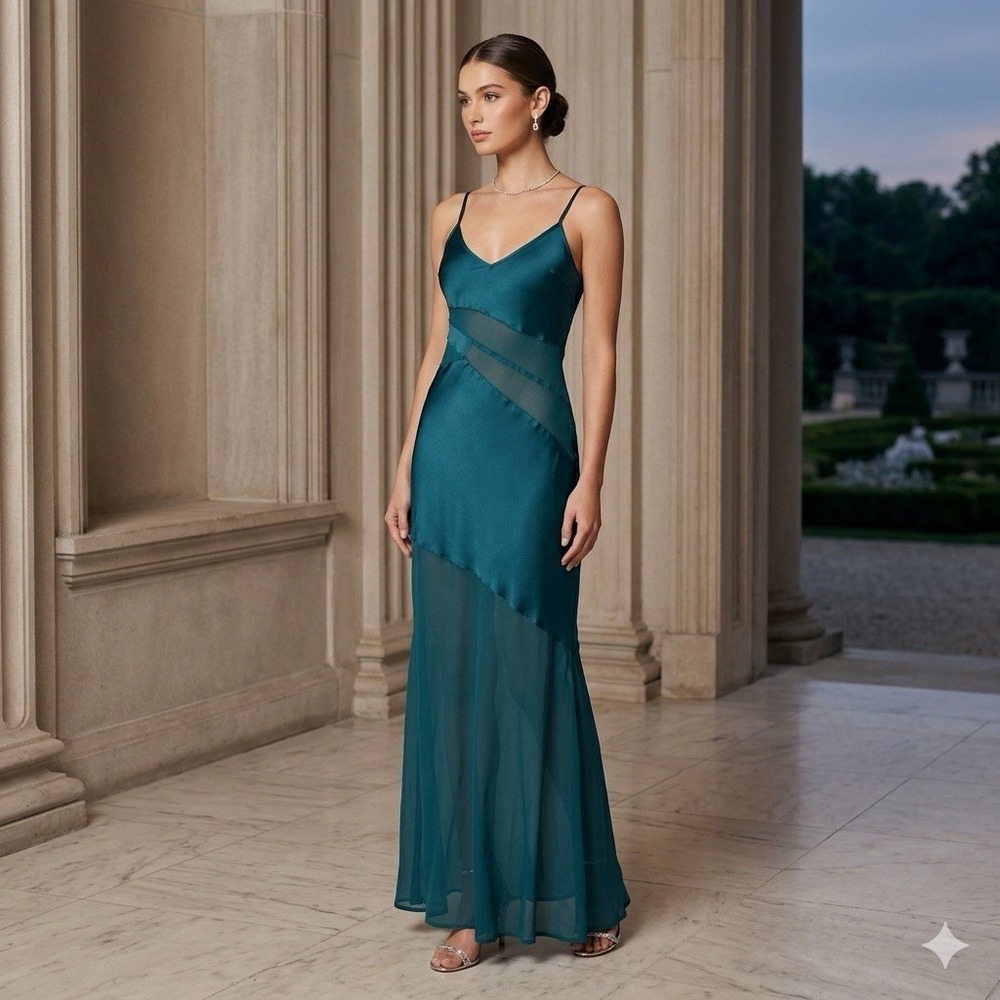 French Connection Maxi Dress 2 Teal Sheer Panel Satin Formal Gown Evening Y2K